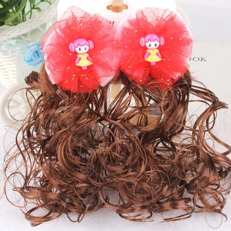 1 пара детских милых париков аксессуары для волос принцесса девушка красный плед кудрявые круглые мультяшная заколка для волос украшения ювелирных изделий - Цвет: 7