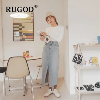 

RUGOD Autumn Winter New Style Chic High Waist Long Jeans Skirt Front Slit Solid Color Elegant Fashion 2019 Kpop Clothes