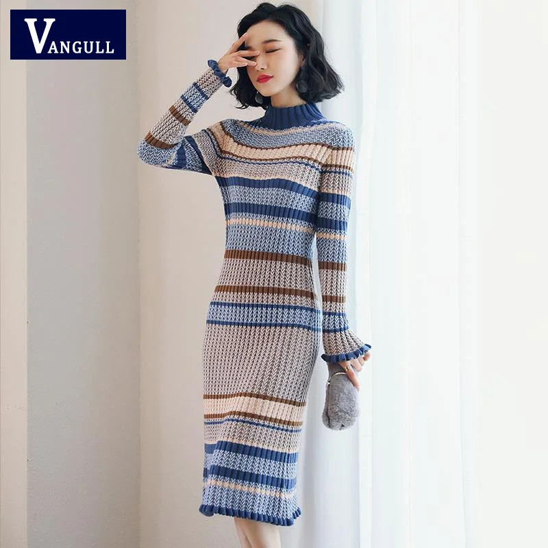 Vangull женское платье-свитер с длинным рукавом, водолазка, элегантное вязаное платье, Осень-зима, повседневное женское облегающее Хлопковое платье
