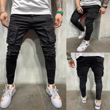 

Men Clothes Hip Hop Sweatpants Skinny Motorcycle Denim Pants Multi-Pockets Designer Black Jeans Mens Casual Men Jeans Trousers