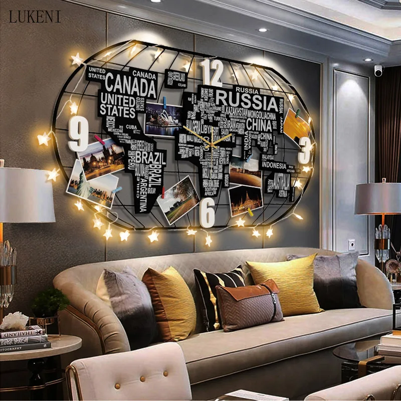 Nordic Creative Large Size World Map Clock Wall Clock Living Room Home Decoration Luminous Clock