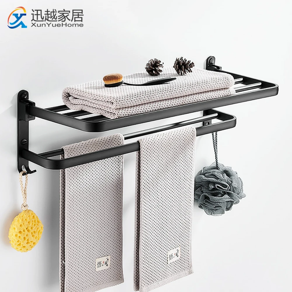 Towel Rack Punch-Free Shower Holder Bathroom Accessories Folding Wall Organizer Hook Hanger Matte Black Aluminum Storage Shelf