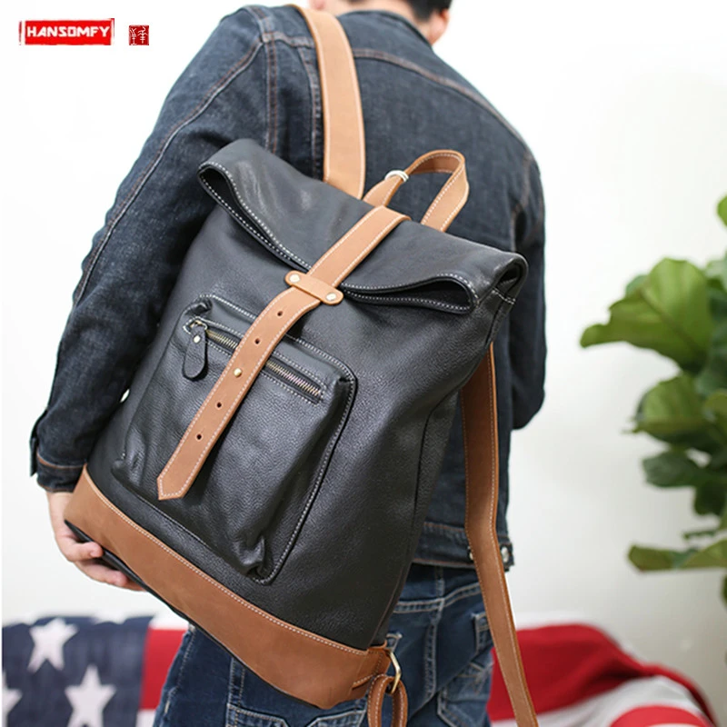 Mochila Vintage de cuero hecho a mano para hombre, morral de viaje para ordenador de gran escolares originales|Mochilas| AliExpress