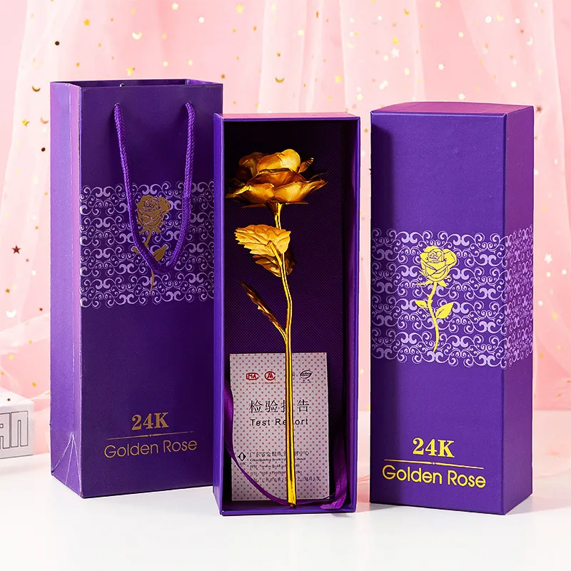 gold 24k позолоченный розовый искусственный цветок с длинным стеблем, подарки для влюбленных на свадьбу, Рождество, День Святого Валентина, Подарочная коробка для Дня матери - Цвет: gold