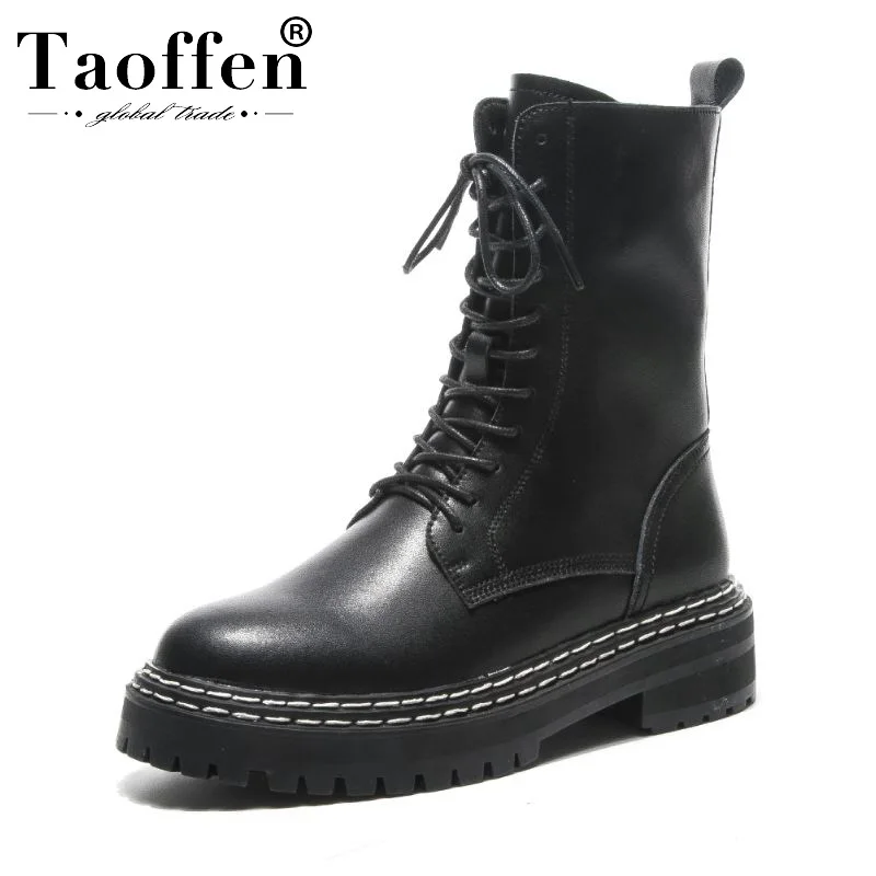 

Taoffen Genuine Leather Punk Women Ankle Boots Flats Round Toe Daily Leisure Short Boots Black Sexy Shoes Footwear Size 35-40