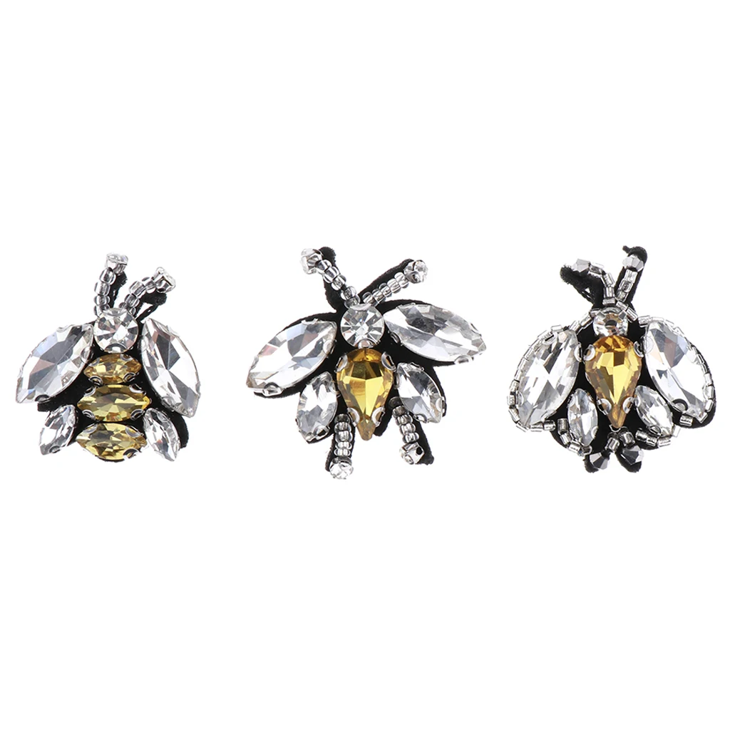 3cm x 3cm 3 Pcs Rhinestone Beaded Insects Bee Sewing Patch Scrapbooking Embellishments Garment Bag Decoration DIY Accessories
