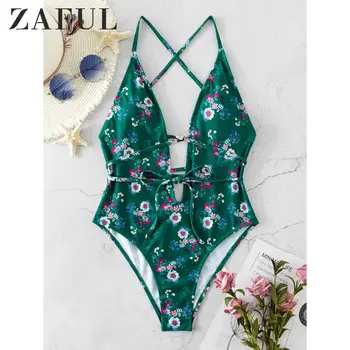 

ZAFUL Swimwears Women Floral Plunge Cross Bikini Swimsuit Plunging Neck Sexy High Waisted Bikini Backless 2020 Bathing Suit