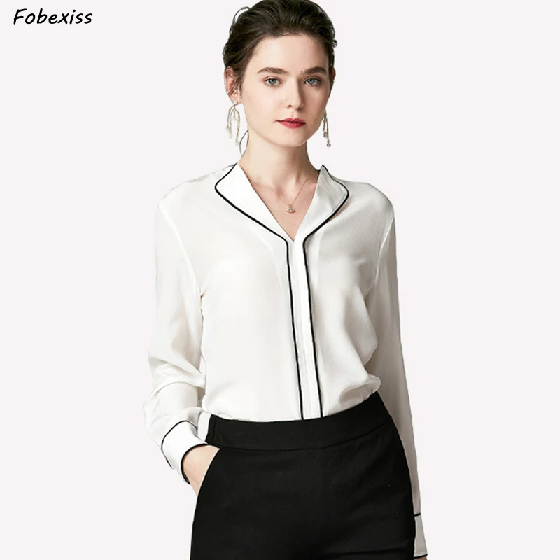 

100% Silk Blouse For Women High Quality Long Sleeve Elegant Pure White Natural Silk Shirt Office Lady Loose Silk Shirt Fall 2019