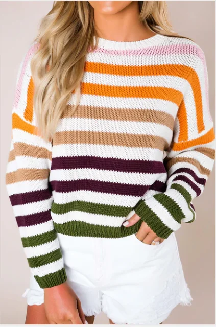 Полосатый Радужный трикотажный свитер для женщин джемпер Дамы Crewneck Радуга Полосатый пуловер свитера толстый теплый свитер женский зимний