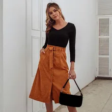 Юбка миди faldas mujer moda Женская Вельветовая юбка с высокой талией на пуговицах Юбка До Колена# G3