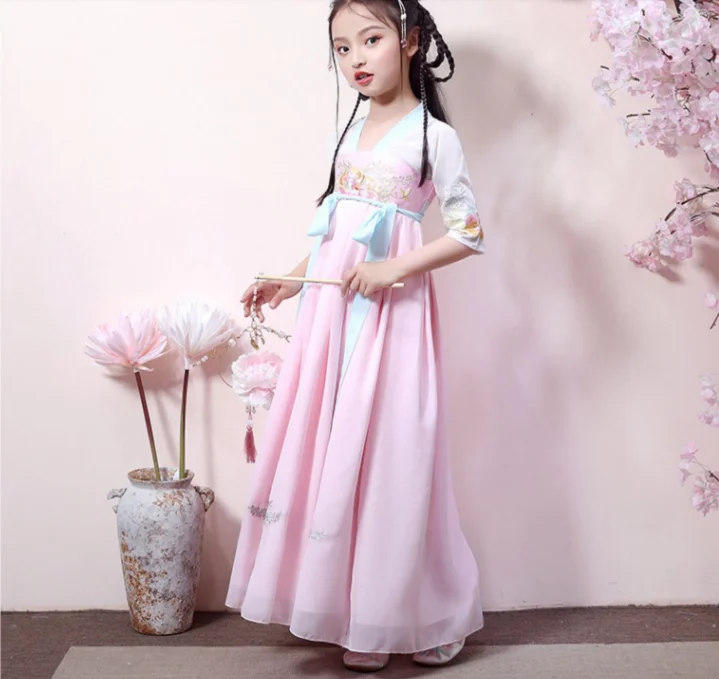 Hanfu/платье для девочек в китайском стиле; вышитые костюмы; детская одежда Hanfu; Китайская традиционная одежда; Рождественский подарок; ZL09