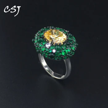 

CSJ New Design Green Stone Gemstone Rings Sterling 925 Silver Women Lady Wedding Engagment Party Gift Box