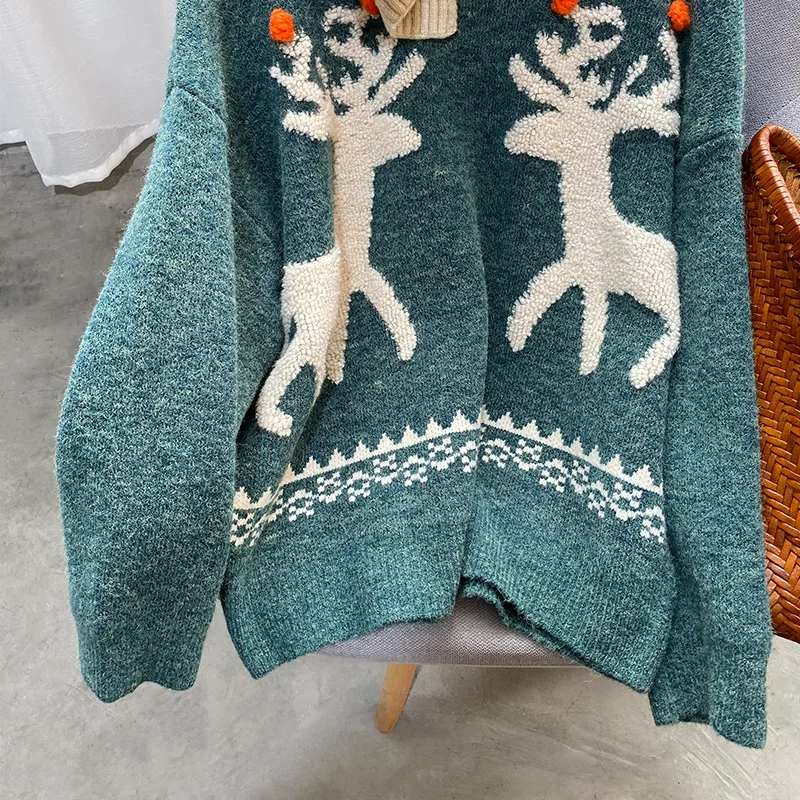 HXJJP Зимний красный Рождественский женский свитер с лосем женский свободный ретро вязаный пуловер с круглым вырезом и длинным рукавом