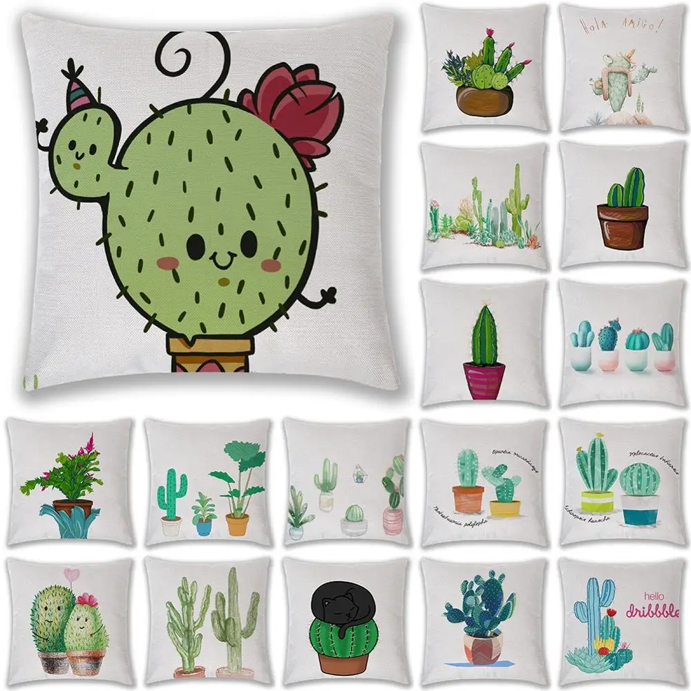 

45cmx45cm Cactus Printed Sofa Bedroom Pillow Cases Square Waist Home Decor Lightweight Fashion Eco-friendly Flax Cushion Cover