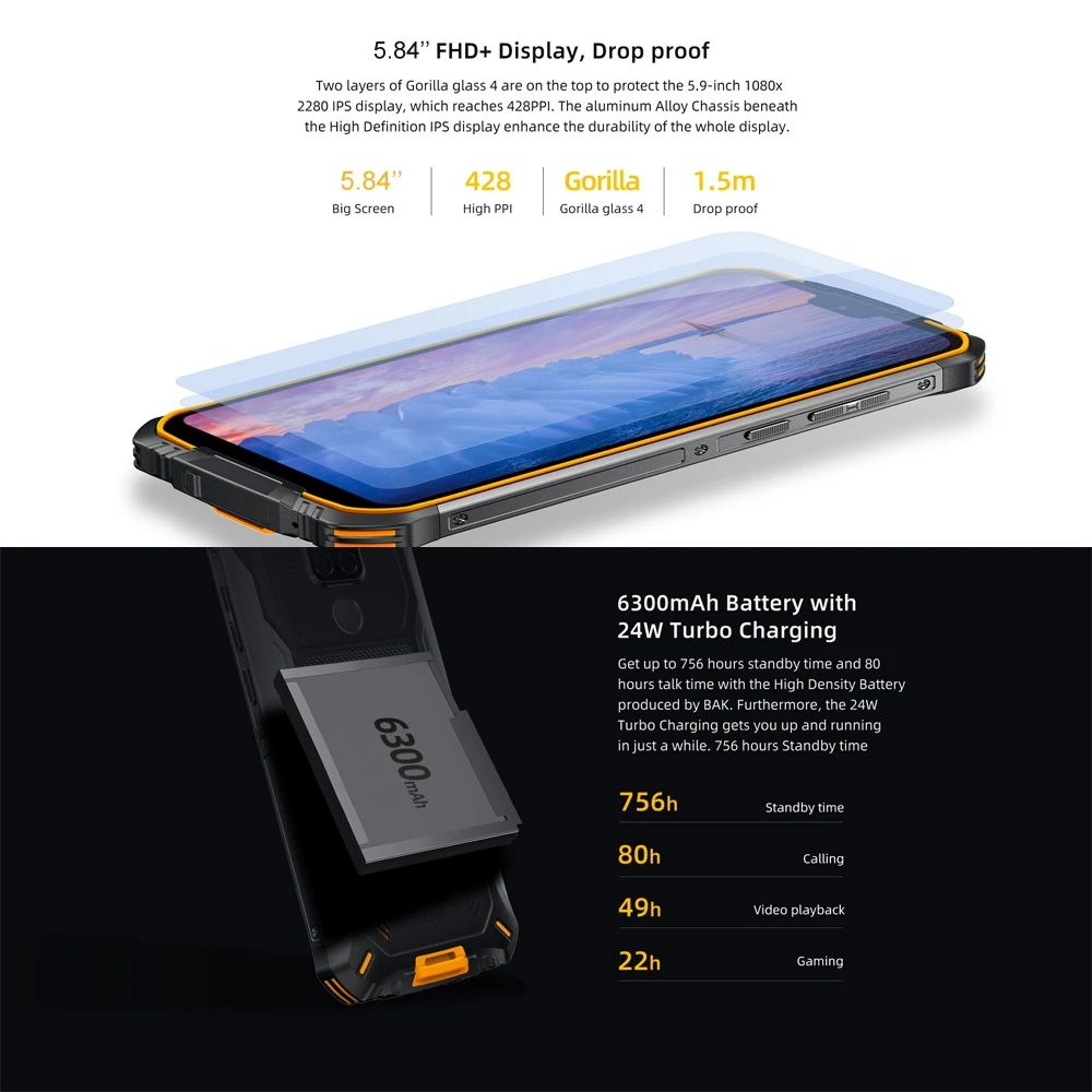 DOOGEE S68 Pro IP68/IP69K Rugged Phone Android 9.0 Helio P70 Octa-Core 6GB RAM 128GB ROM 5.84" FHD+ Display 16MP 4 Cams 6300mAh
