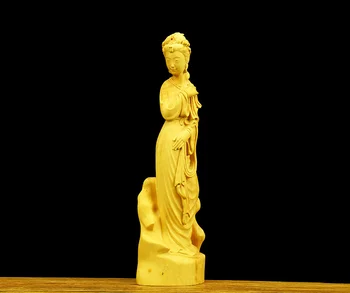 

8.9" Chinese Box-wood Carved Pretty Ancient Beautiful Woman Beauty Stand Statue