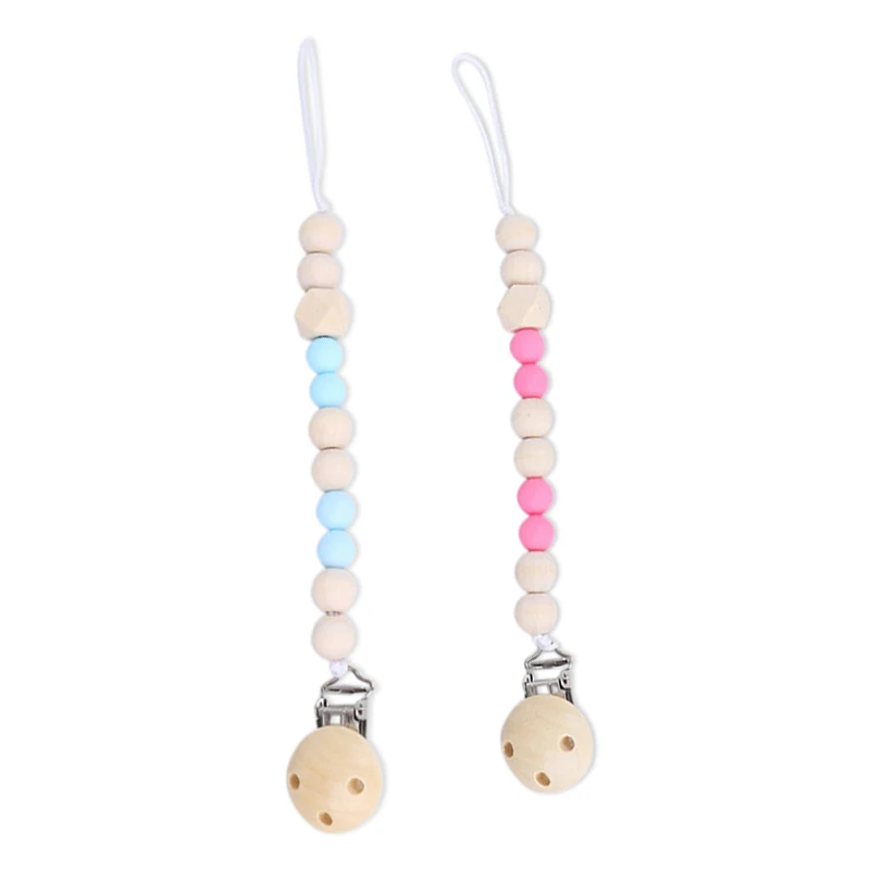 2 Pcs Baby Pacifier Clip Chain Wooden Beads Dummy Clip Safe Teething Chain Baby Teether Eco-Friendly Pacifier Clips Holder Chain