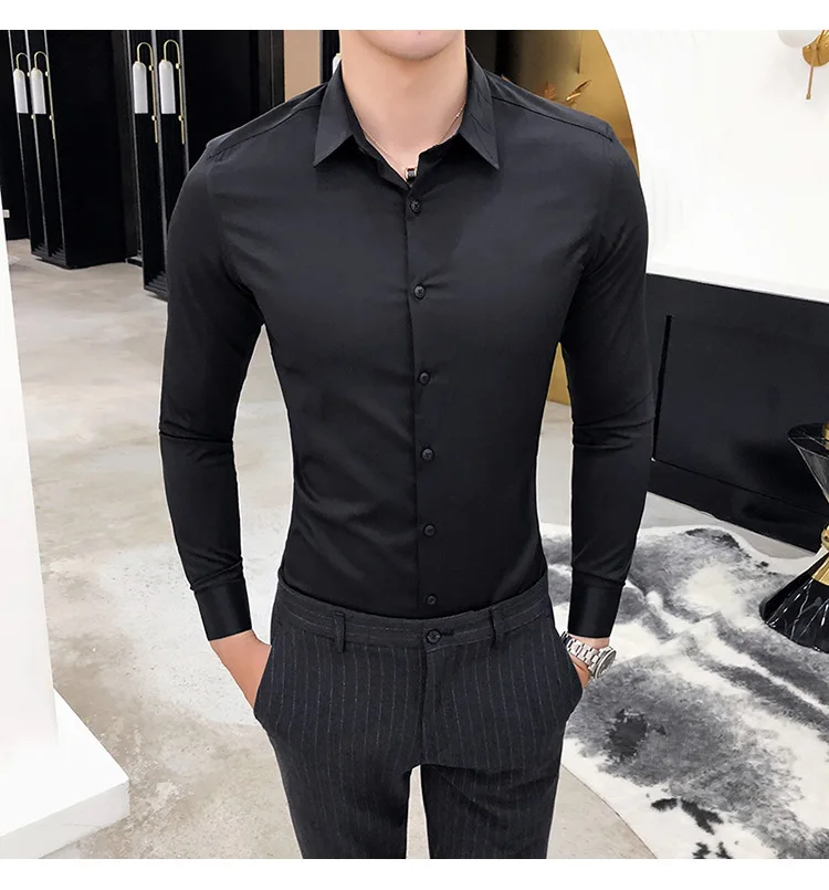 High Quality Silk Shirt Men Spring Long Sleeve Mens Dress Shirts Solid Simple All Match Slim Fit Men Shirt Business Formal Wear