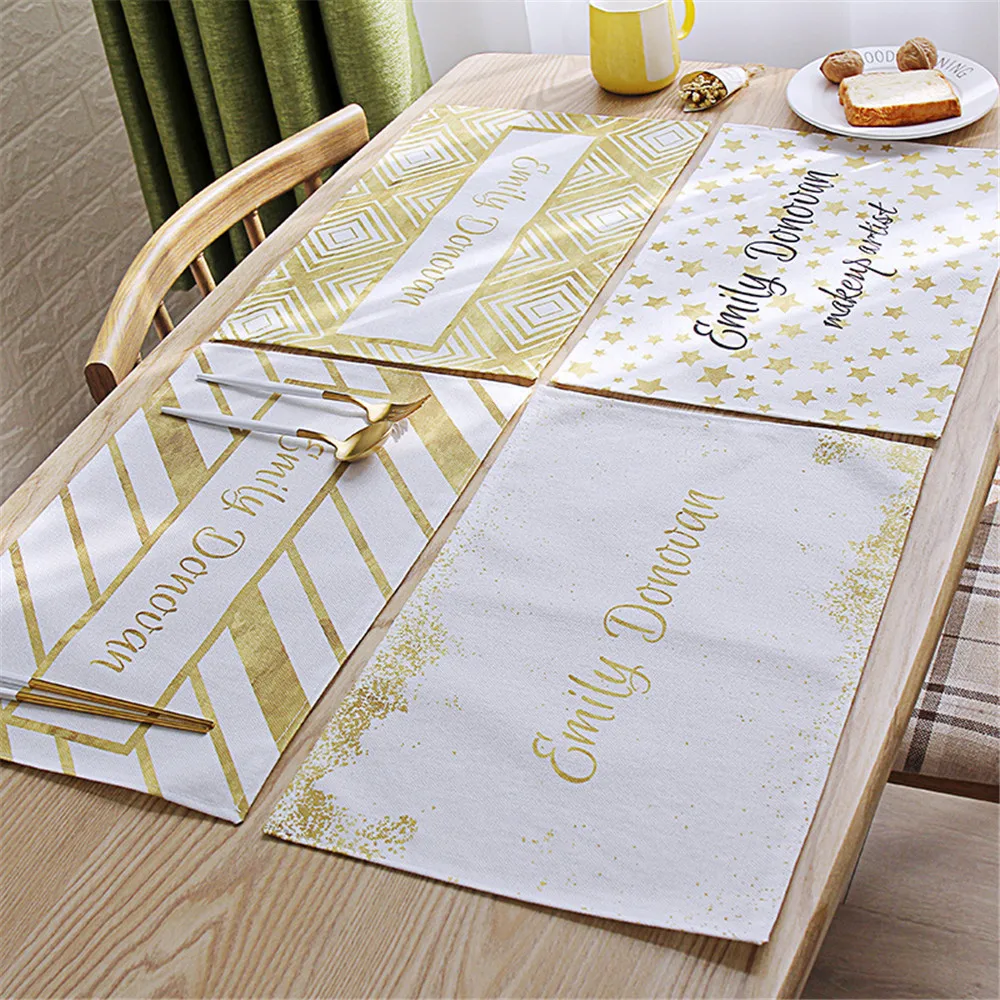 

Linen Placemat For Dining Table Coasters Gold Geometric Printing Table Mat Waterproof Non-slip Foldable Tableware Pad Home Decor