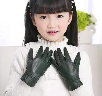 Children's autumn winter thicken warm fleece lining leather gloves boy girl kids natural sheepskin leather glove R1879 