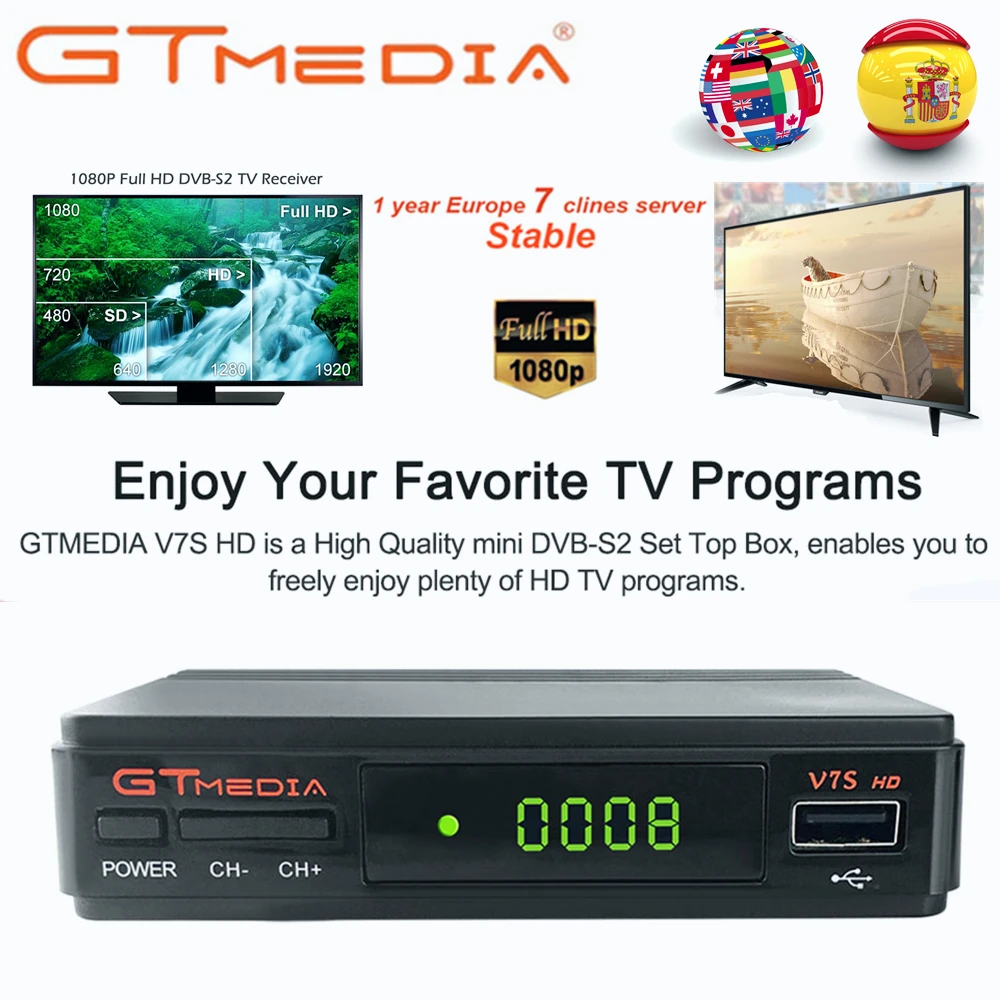 1 год Европа 7 Clines сервер GTMedia V7S HD цифровой спутниковый ресивер DVB-S2 V7S HD Full 1080P+ USB wifi обновление Freesat V7