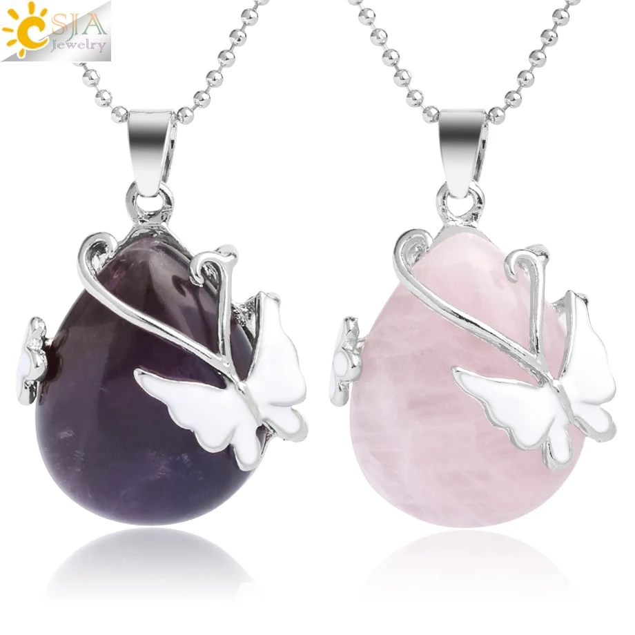 CSJA Water Drop Natural Stone Pendant Pink Quartz Purple Crystal Tiger Eye Butterfly Flower Pendants Necklace for Women Men G082