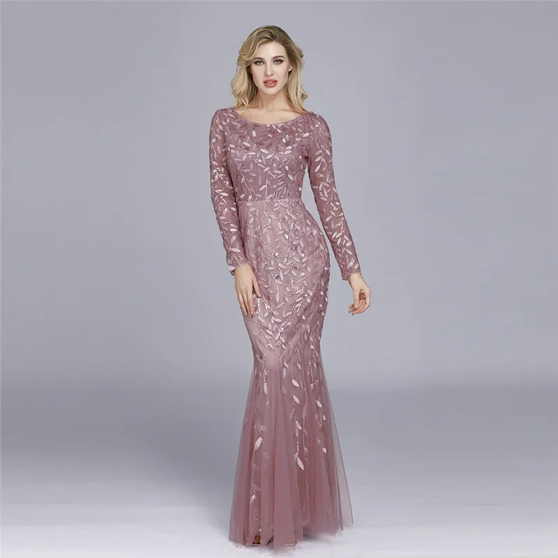 Красивое очаровательное вечернее платье-Русалка с круглым вырезом, элегантное вечернее платье с длинным рукавом, на молнии, с блестками, 4 цвета