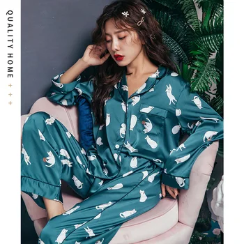

Autumn Women Silk Satin Printing Pajamas Set Long Sleeved Shirt and Trousers Home Service Suit Satin Pajamas for Women