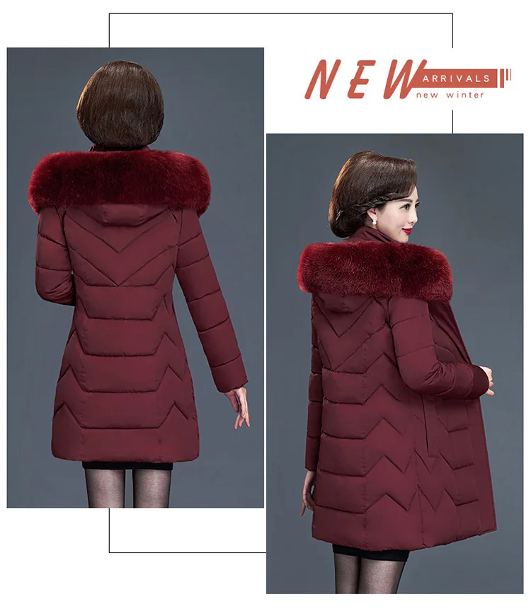 Зимнее пальто для женщин, стеганая парка, плюс размер, XL, для мам среднего возраста, модная куртка с капюшоном и меховым воротником, Длинные куртки с хлопковой подкладкой, пальто