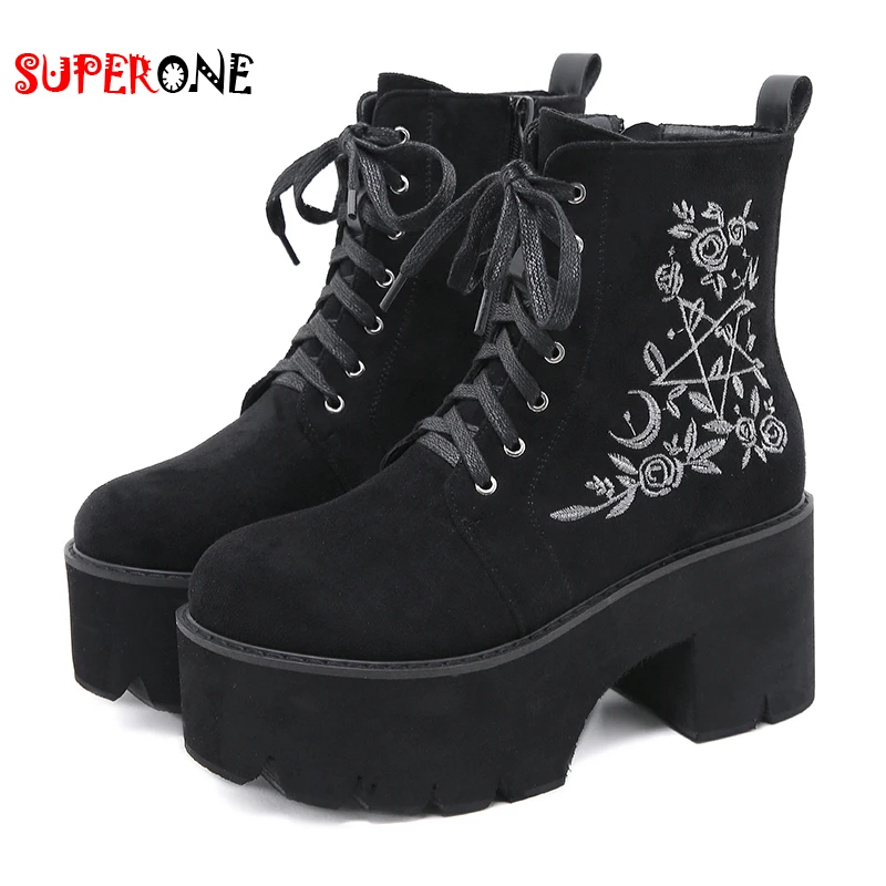 Superone Fashion Flower Platform Boots Chunky Punk Suede Leather Womens Gothic Shoes Nightclub Lace Up Back Zipper High Quality | Обувь