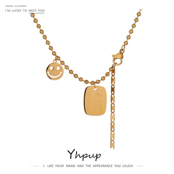 

Yhpup Stylish Stainless Steel Jewelry Smiley Square Pendant Necklace Trendy Golden Metal подвеска Chain Choker Necklace 2020