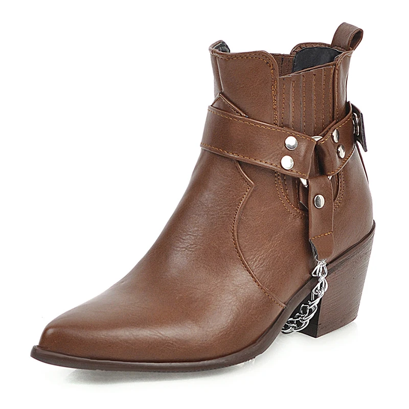 brown shoes Gdgydh/пикантные ботинки с острым носком и цепочкой ботинки «Челси» с ремешком на лодыжке без застежки женские черные готичный панк стиль, винтажная Осенняя женская обувь - Цвет: brown shoes