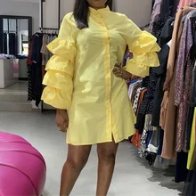 

Petal Sleeve Shirt Dress Women Yellow Maxi Office Lady Dresses Casual Women's Tops Summer Clothing Stand Collar Autumn Tunic