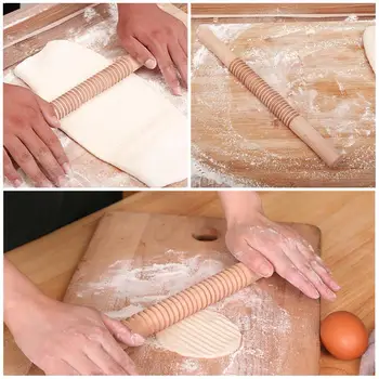 

1pcs Creative Wooden thread rolling pin French Wooden Baking rolling Roller pin Roll Dumpling Tool skin Dough E2C1