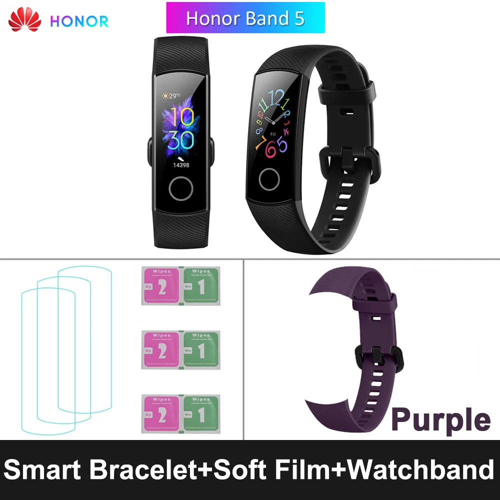 HONOR Band 5 фитнес умный Браслет мониторинг сердечного ритма 5 АТМ водонепроницаемый плавающий Bluetooth 4,2 смарт часы наручные часы - Цвет: Black Purple Strap