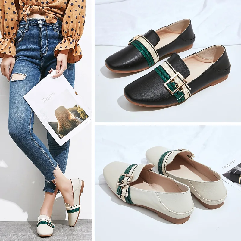 

Maternity Shoes Genuine Leather Slip-on Simple Fashion Wear-Resistant Anti-slip 2019 Autumn New Style Square Head Flat Breathabl