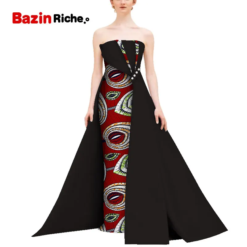 2 Африканский принт длинное платье с русалочкой для Для женщин Bazin Rich от плеча до пола-Длина платья африканский дизайн Костюмы WY5111 - Цвет: 2