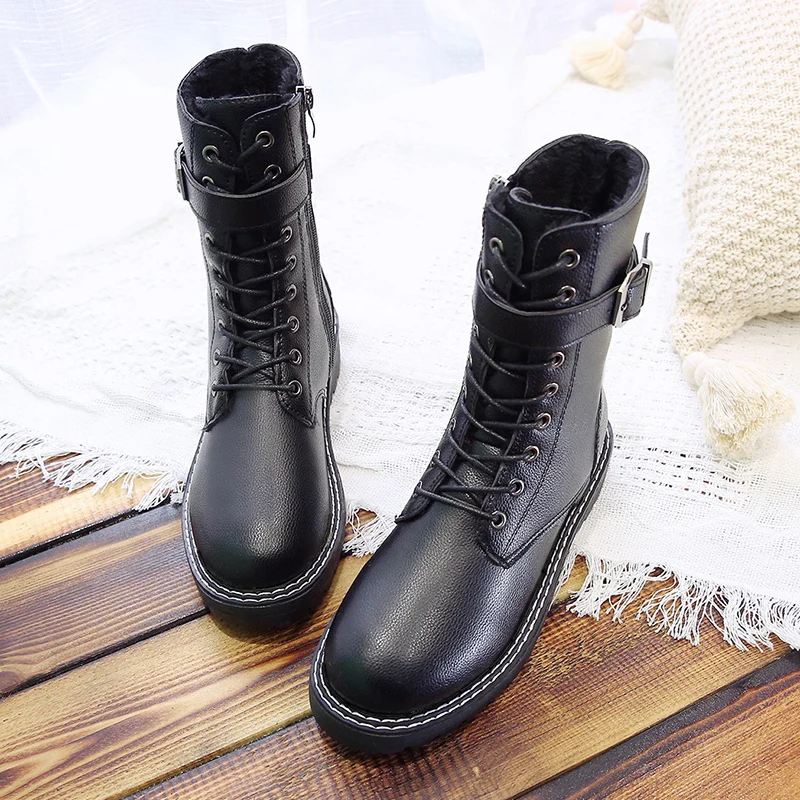 Tanie 2019 nowe buty damskie zimowe zasznurować białe buty buty zachodnie kowbojki damskie buty marki czarne ciepłe futrzane botki platformy