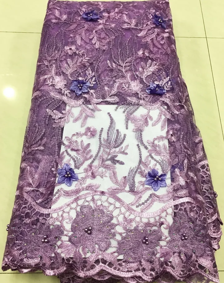 LIGHT PURPLE Последняя красная 3D африканская чистая кружевная ткань для свадебного платья вышитое кружево в нигерийском стиле швейцарская вуаль кружева в швейцарском стиле с бисером - Цвет: LIGHT PURPLE