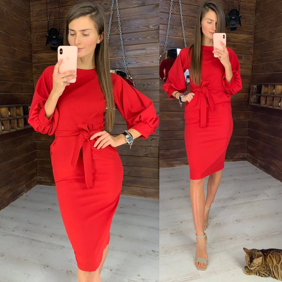 Женские винтажные вечерние платья с рукавами-фонариками и поясом D ress с длинным рукавом и круглым вырезом, Элегантное повседневное платье, осень, модное платье - Цвет: Красный