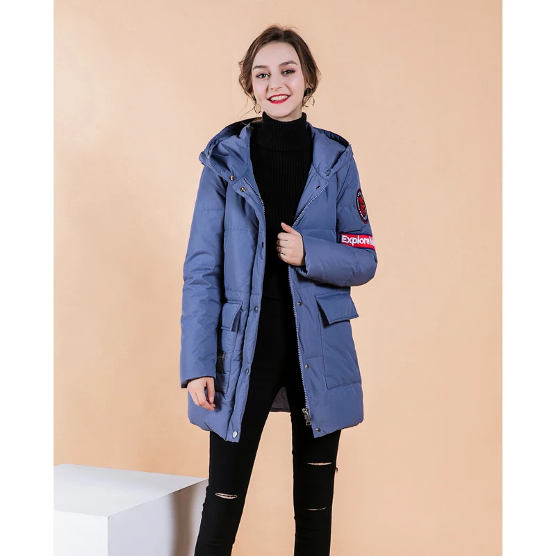 2019 модное женское пуховое пальто на молнии Одноцветный утепленный пуховик с