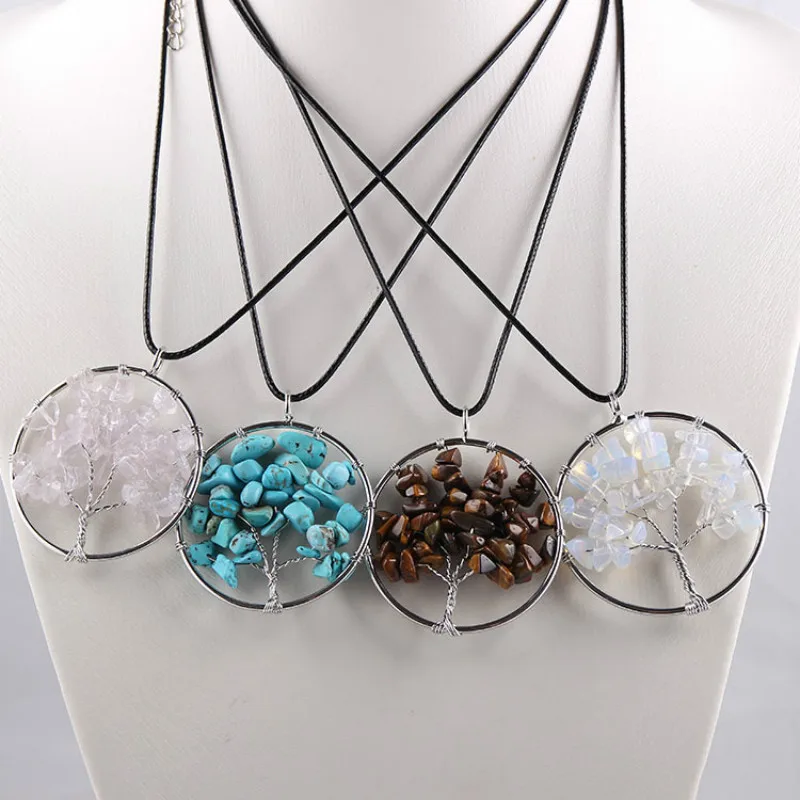 

11 Colors Handmade Chakra Pink Quartz Tiger Eye Opal Stone Tree of Life Necklace Pendant for Women Wire Wrapped Chain Necklace