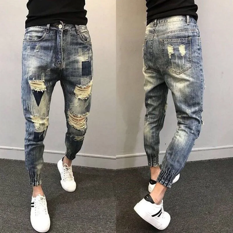 Wholesale 2022 Teenagers Social Spirit Guy Ripped Pants Trendy Tiepants Leg Feet Ankle Length Jeans Men's Slim Harem | Мужская