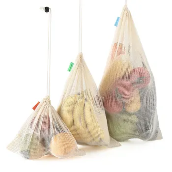

New Mesh Net Cotton Shopping Bag With Drawstring Reusable Fruit And Vegetable Bags Home Kitchen Storage Bags Machine Washable