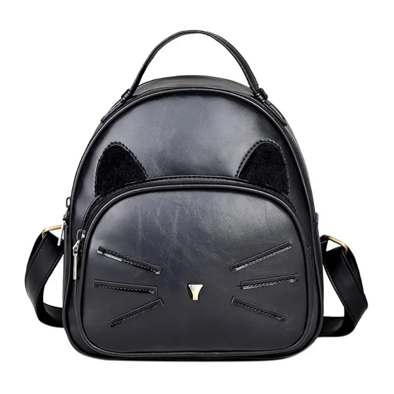 Повседневный модный простой женский рюкзак из искусственной кожи, милый мультяшный рюкзак с принтом кота, школьный рюкзак для девочек, маленький рюкзак для путешествий - Цвет: Черный