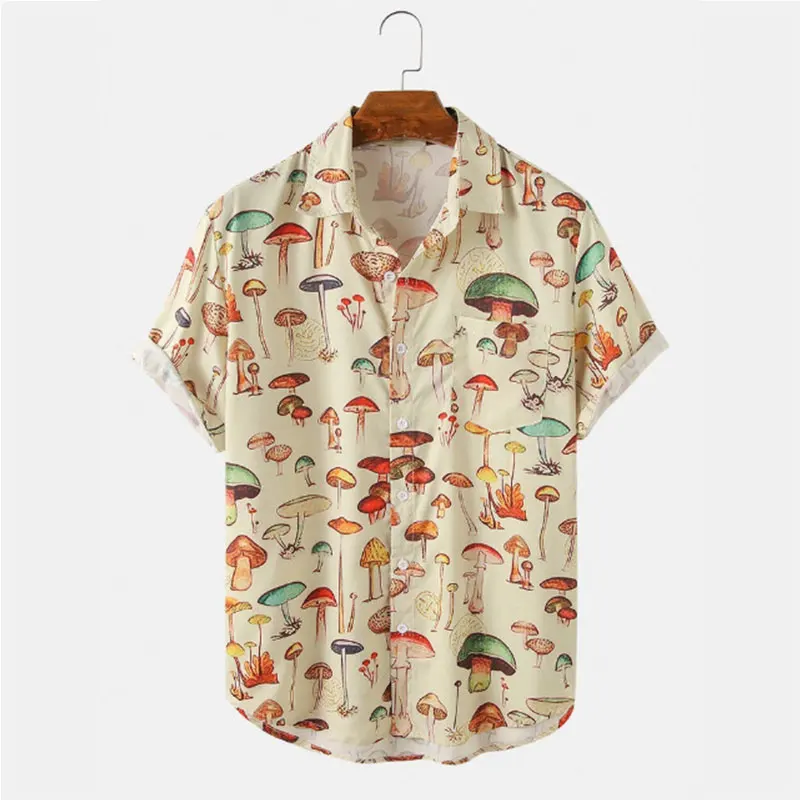 2023 Men’s Hawaiian Shirt Fashion Casual Streetwear Turn-down Button Short Sleeve Cartoon Mushroom Beach Printed Shirt  Summer