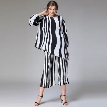 

European Style Chiffon Striped Suits 2020 Summer New Fashion Lantern Sleeve Stitching Irregular Hem Top + Pants Two Piece Suits
