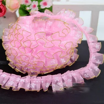 

40Yards 2cm Ruffle Lace Trim Pleated Ribbon Gold Edge Fabric Sewing DIY Butterfly Shape Red Purple Pink For Girls Dress
