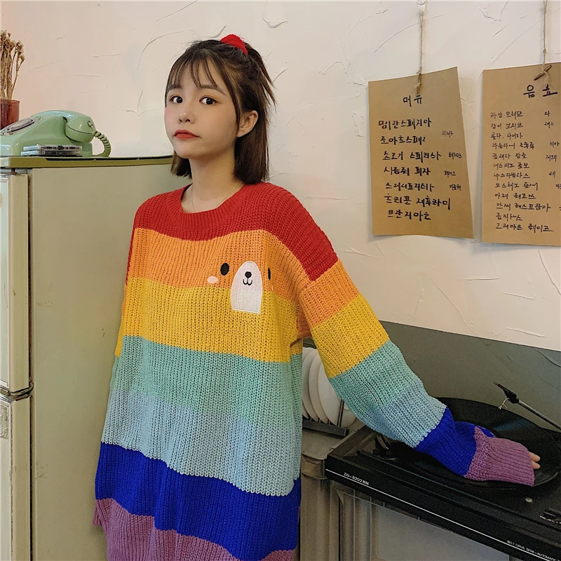 Korobov Harajuku, круглый вырез, длинный рукав, женские свитера, корейский стиль, радужная полоска, пэчворк, Sueter Mujer, шикарный Повседневный джемпер, Femme 79209