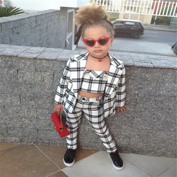 

Baby Girls Clothes Toddler Winter Autumn Outfits Long Sleeve Coat Plaid Blazer + Strapless Tank Top + Pants Cool 3Pcs Set